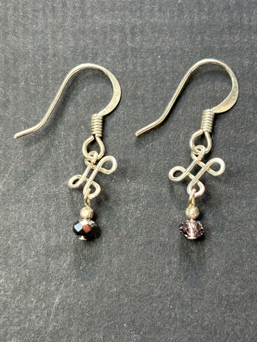 Delicate Silver-Finish Knot Drop Earrings with Black and Smoky Beads
